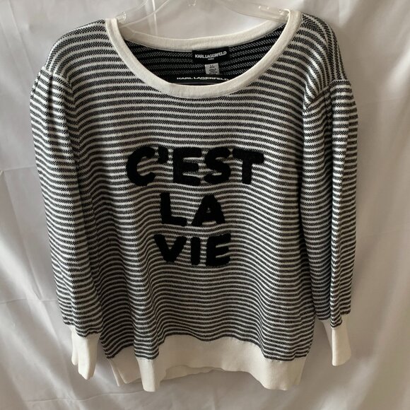 KARL LAGERFELD C'est La Vie Striped Knit Sweater in Black/White Sz LARGE - Picture 1 of 3